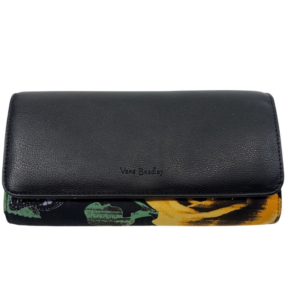 Vera Bradley Leather Floral Canvas Trifold Wallet Black Butterfly Polka Dot